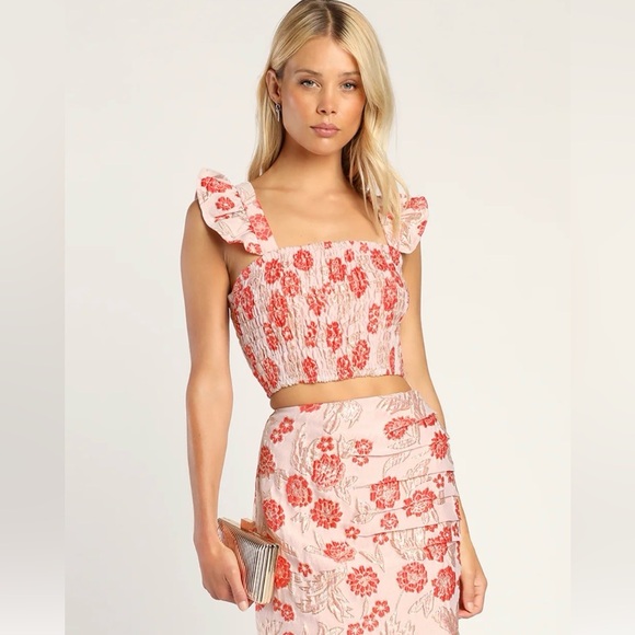 Lulus Womens Floral Smocked Crop Top Small Dusty Pink Gold Metallic Ruffle NEW - Picture 3 of 5